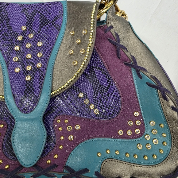 Hot In Hollywood Teal & Purple Studded Fringe Shoulder Bag - Picture 9 of 10